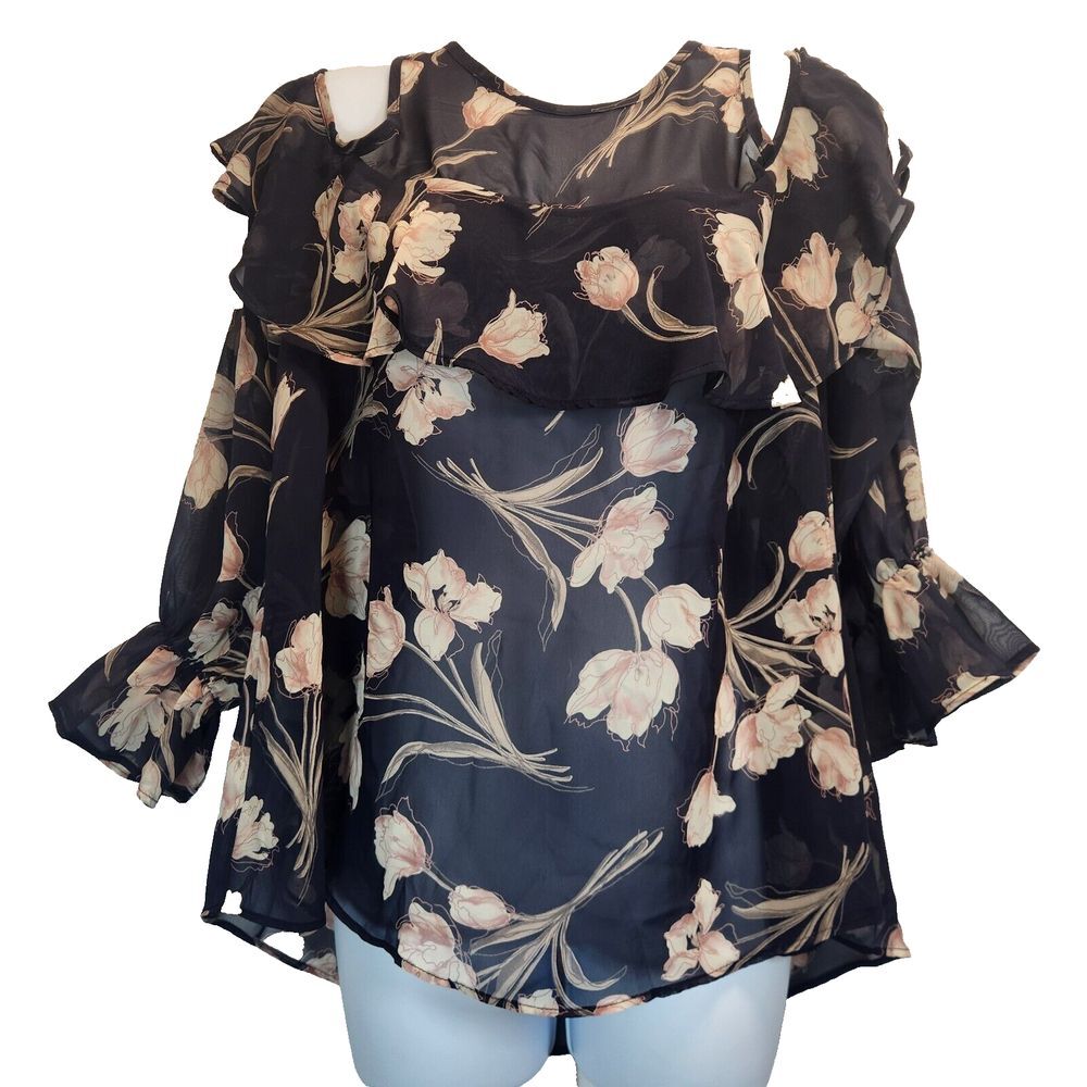 Soprano Womens Blouse Size M Floral Semi Sheer Top Cold Shoulder Western Cowgirl